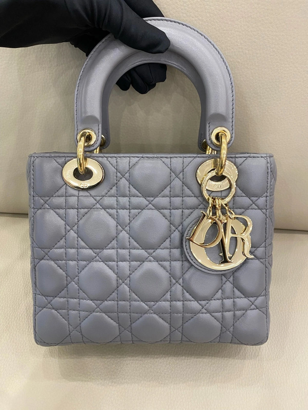 Dior Lady Dior Lambskin Gray Shoulder Bag Top Handle Excellent