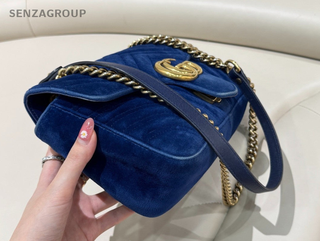 GUCCI GG Marmont 26 velvet Chain Shoulder bag Crossbody Blue Gold Women Classic