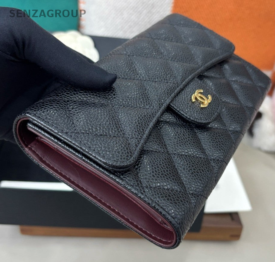 Chanel Classic Flap Long Wallet Clutch Diamond Women Black Gold Fashion