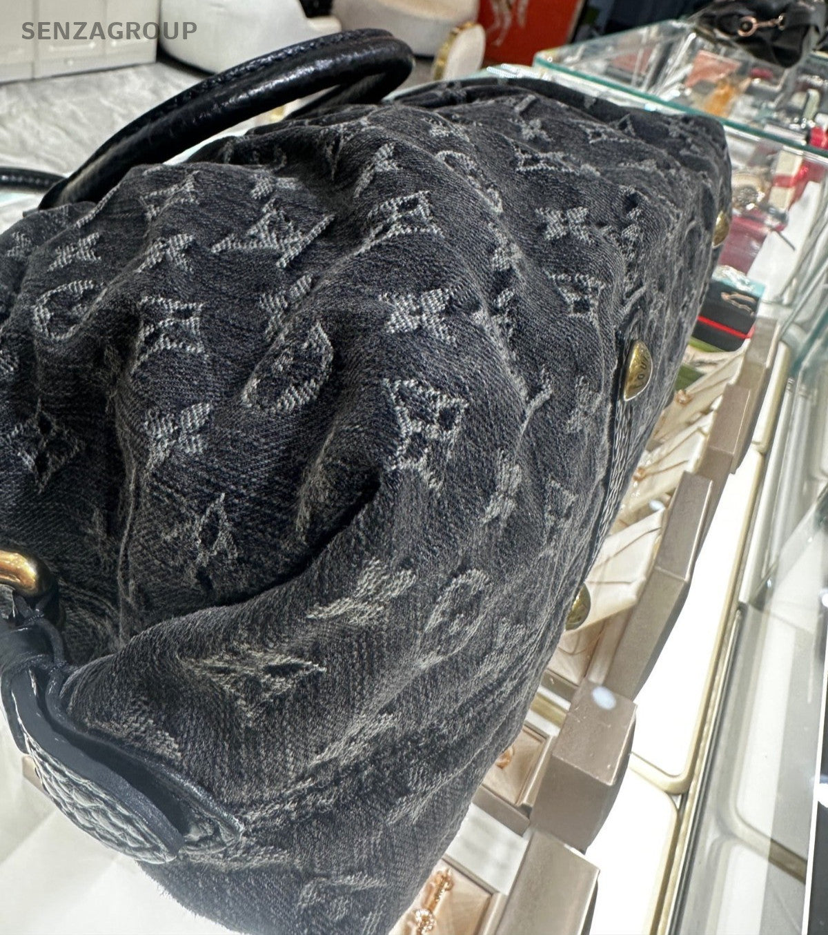 Louis Vuitton Cabby Denim Monogram Top Handle Bag Crossbody Black Gold Women