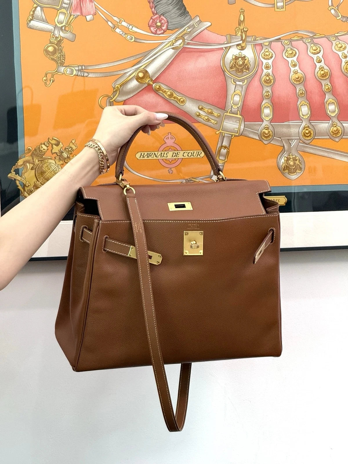 Authentic Hermes Kelly 32 Courchevel Tote Top Handle Crossbody Bag Brown GHD
