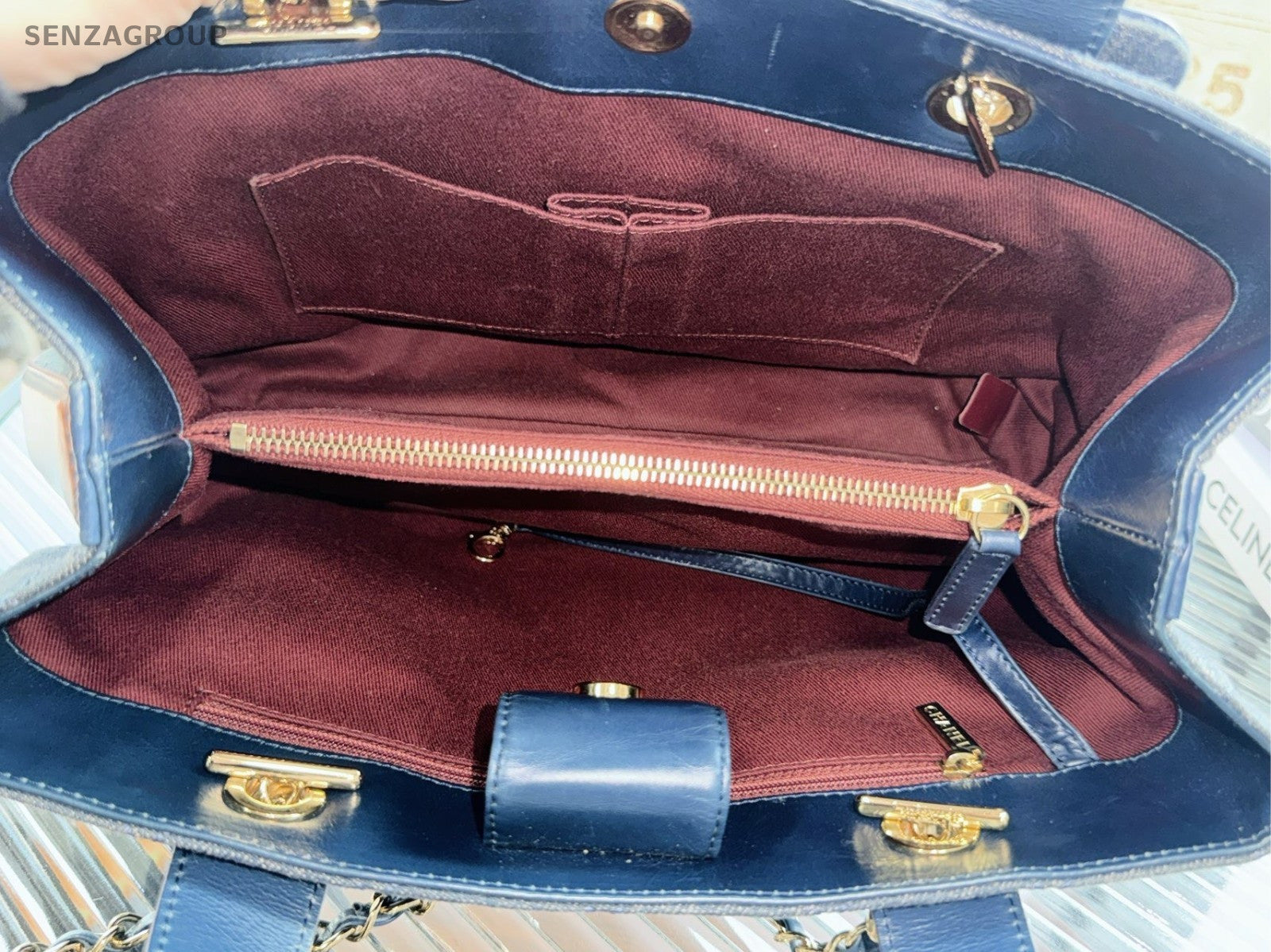 Chanel Denim Tote Handbag Chain Shoulder Bag Blue Gold Women Classic