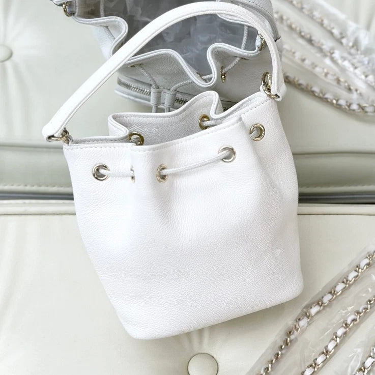Chanel Bucket Mini Calfskin Shoulder Crossbody Bag White Gold Women Fashion S