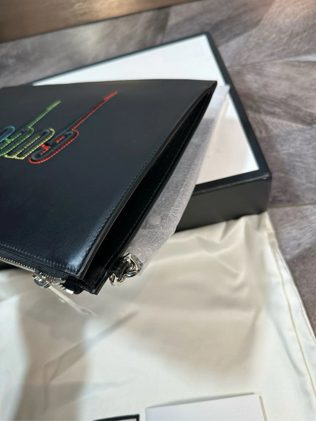 GUCCI Colorful Logo Embroidered Full Leather Clutch Bag Women