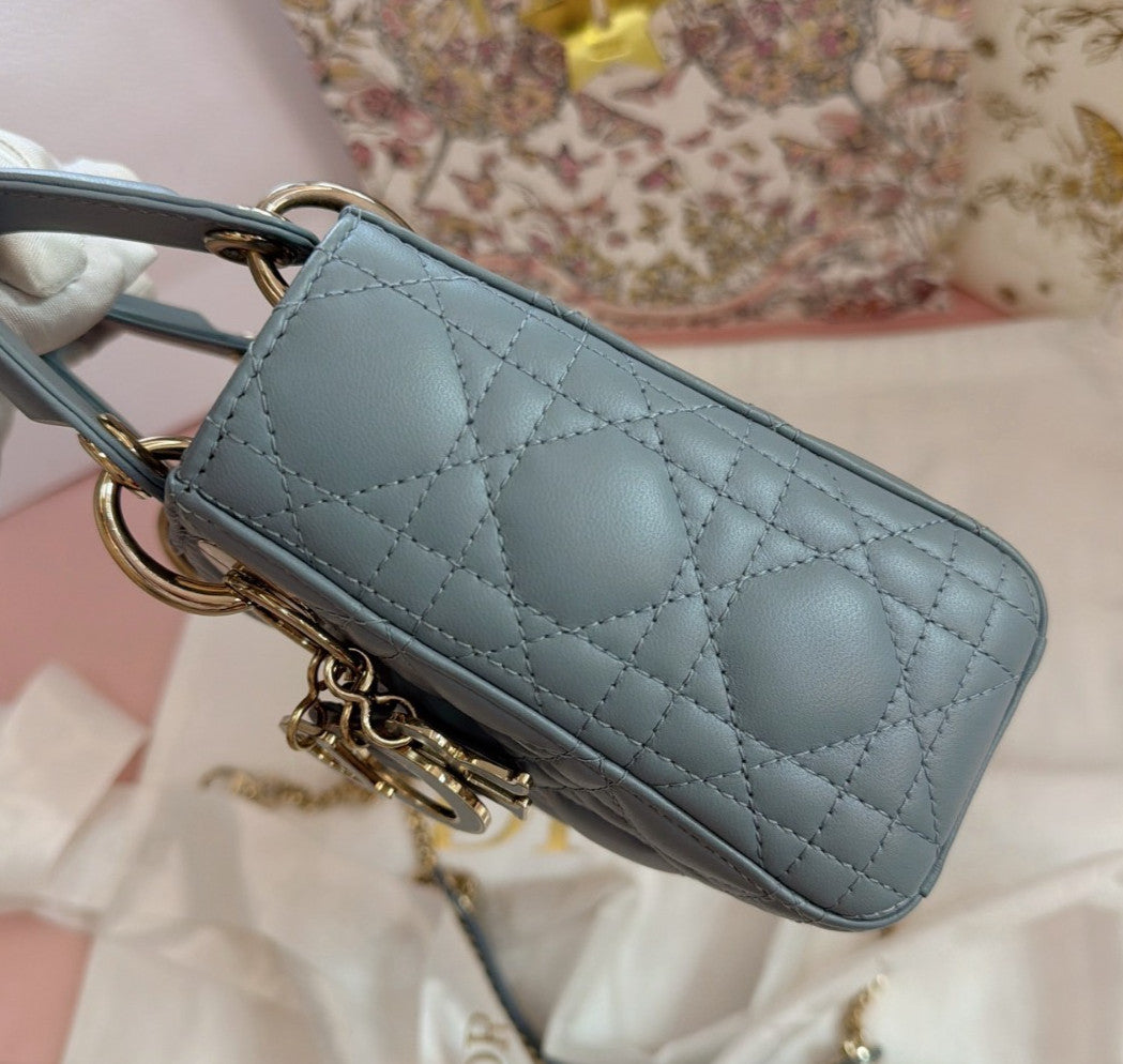 Christian Dior Lady Dior Chain Crossbody Top Handle Bag Blue Gold Women Classic