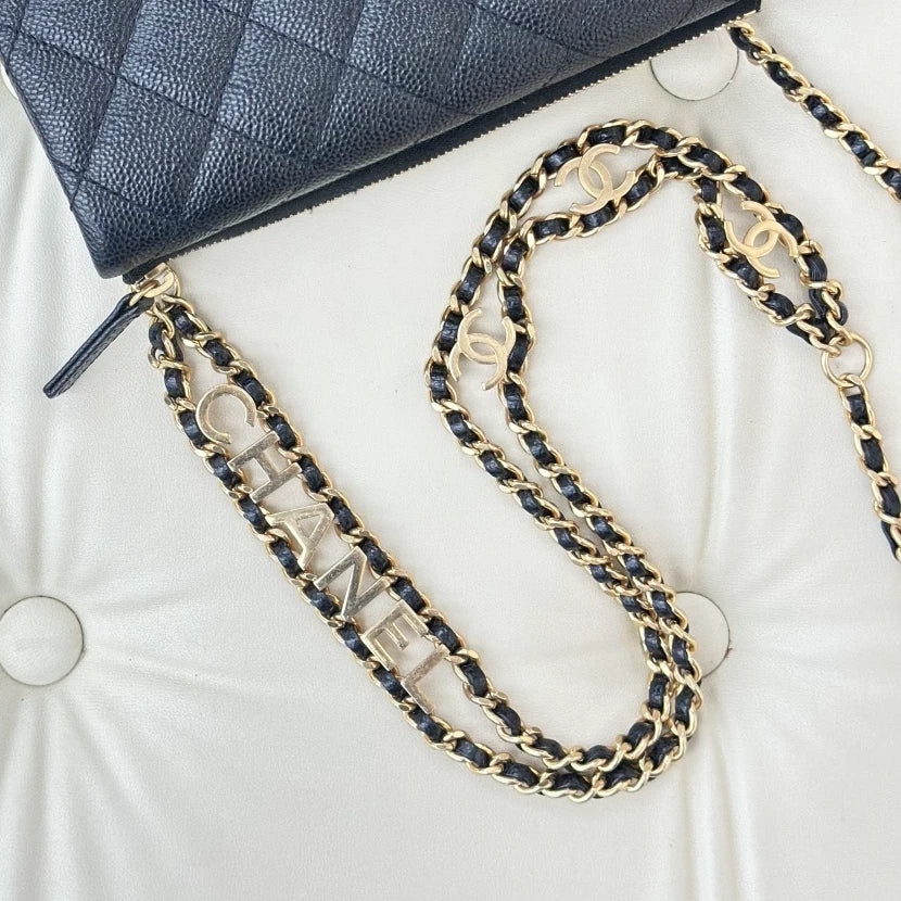 Chanel Diamond Calfskin Chain Crossbody Black Gold Women Classic S