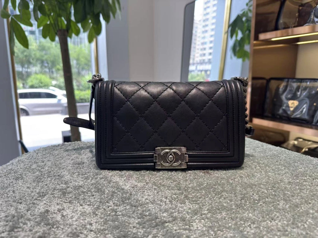 CHANEL Medium Leboy Black Silver Leather Shoulder Bag For Women