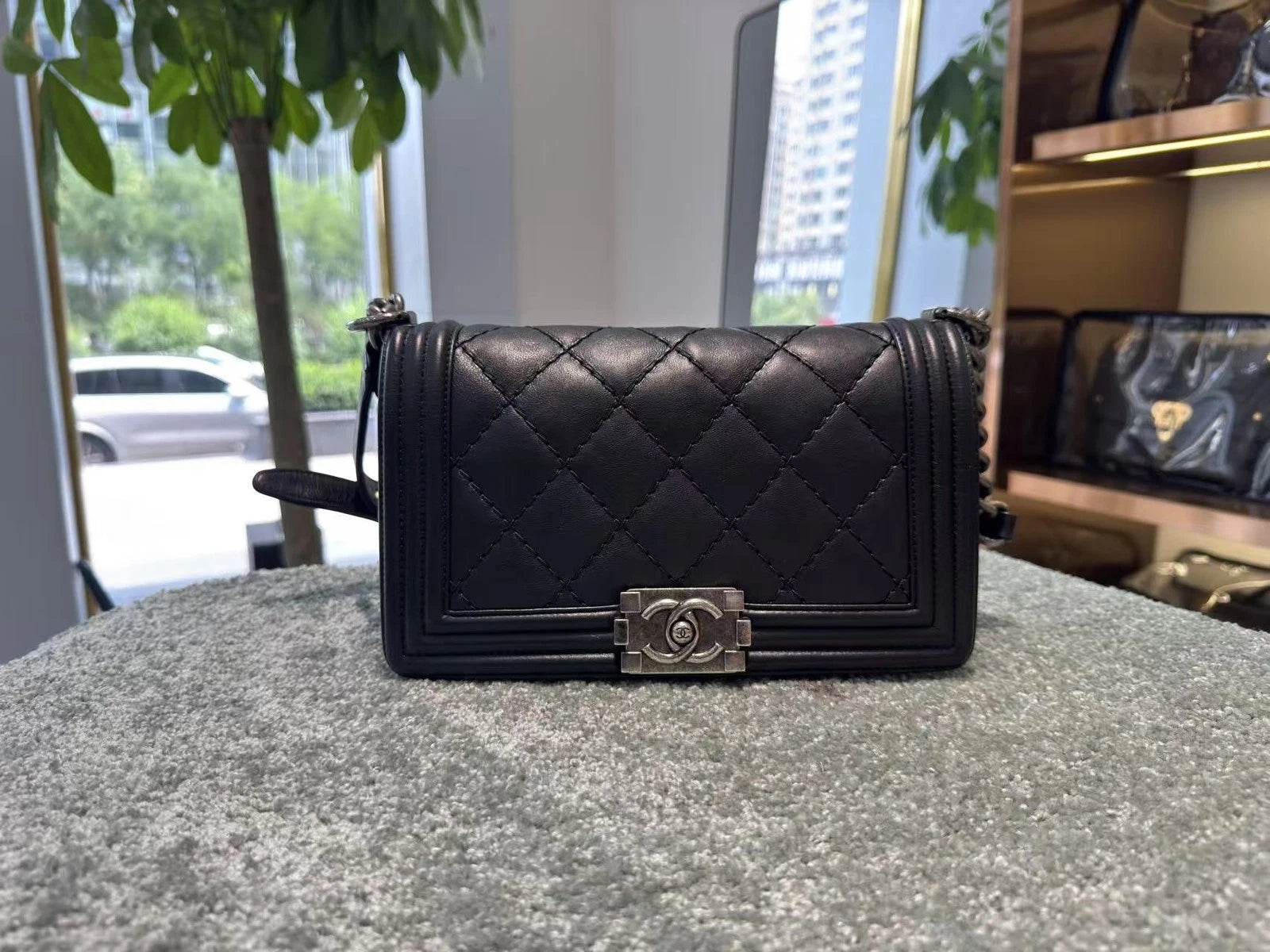 CHANEL Medium Leboy Black Silver Leather Shoulder Bag For Women
