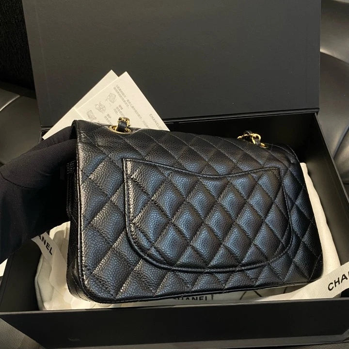 Chanel Classic Flap PM Calfskin Chain Shoulder Crossbody Bag Black Women D
