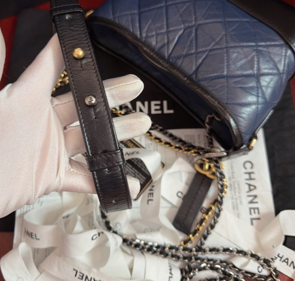 Chanel Gabrielle PM Chain Shoulder Bag Crossbody Blue Gold Women Classic Diamond