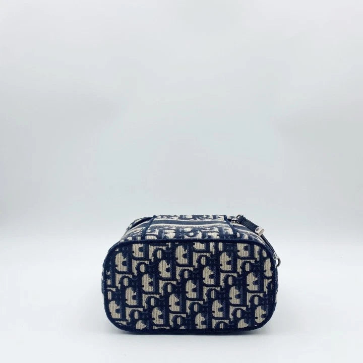 Authentic Dior Blue Canvas Embroidered Crossbody Vanity Bag For Women