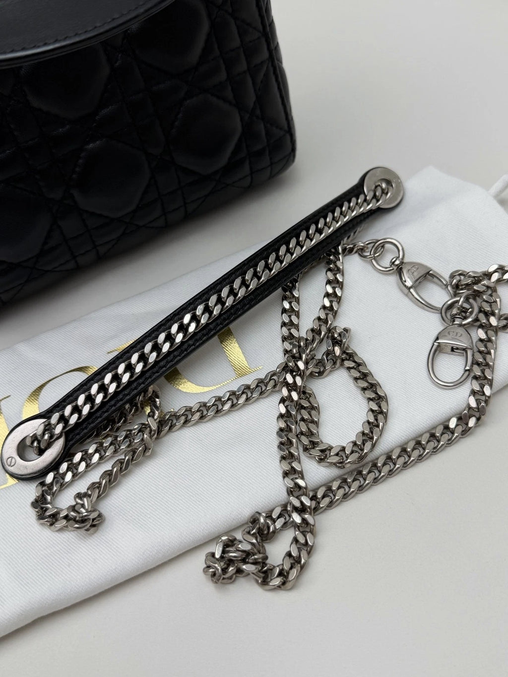 Christian Dior Lady Dior Lambskin Black Handbag Chain Crossbody Silver Hardware