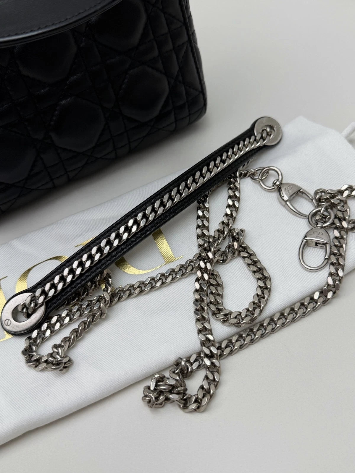Christian Dior Lady Dior Lambskin Black Handbag Chain Crossbody Silver Hardware