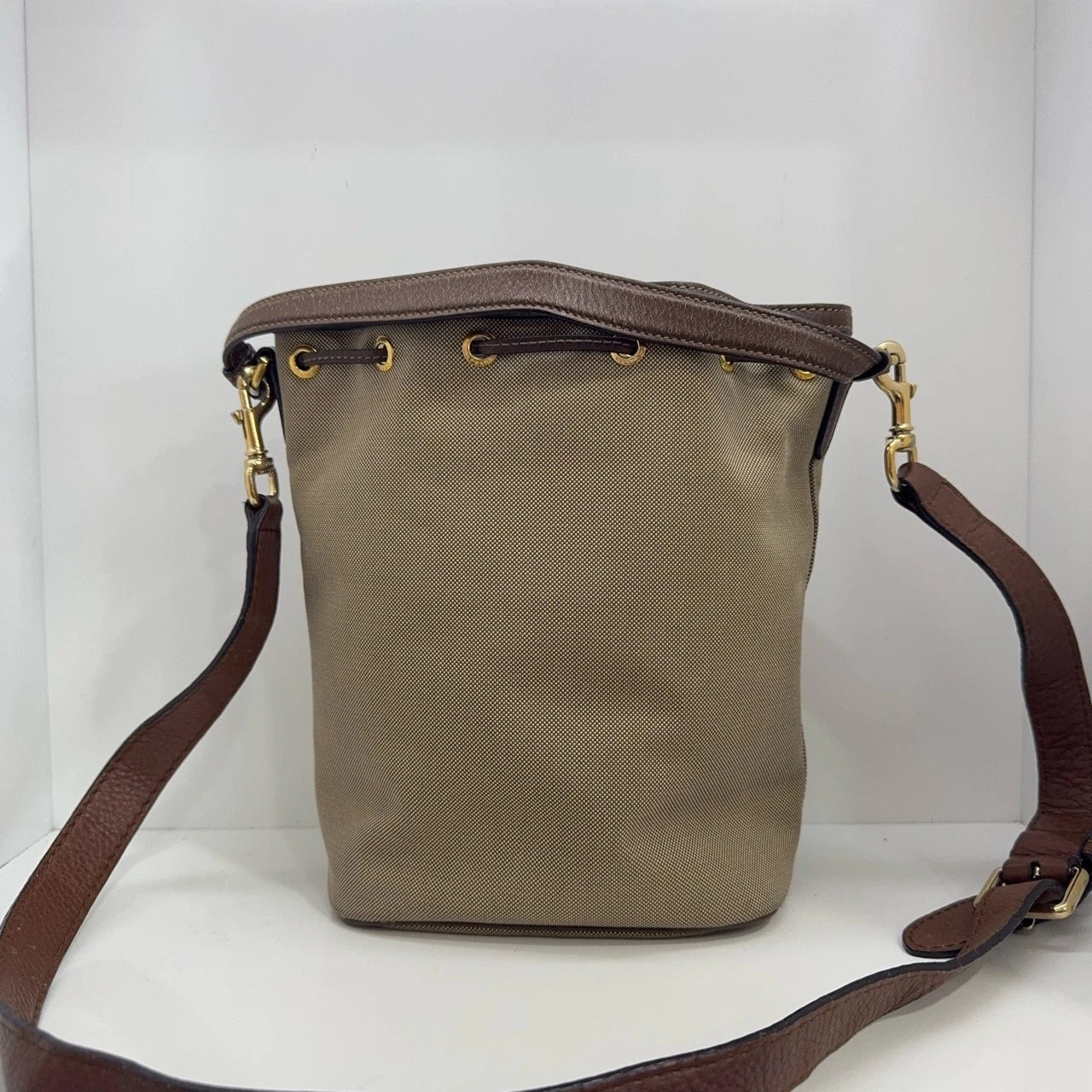 PRADA Canvas Leather Drawstring Bucket Shoulder Crossbody Bag For Women