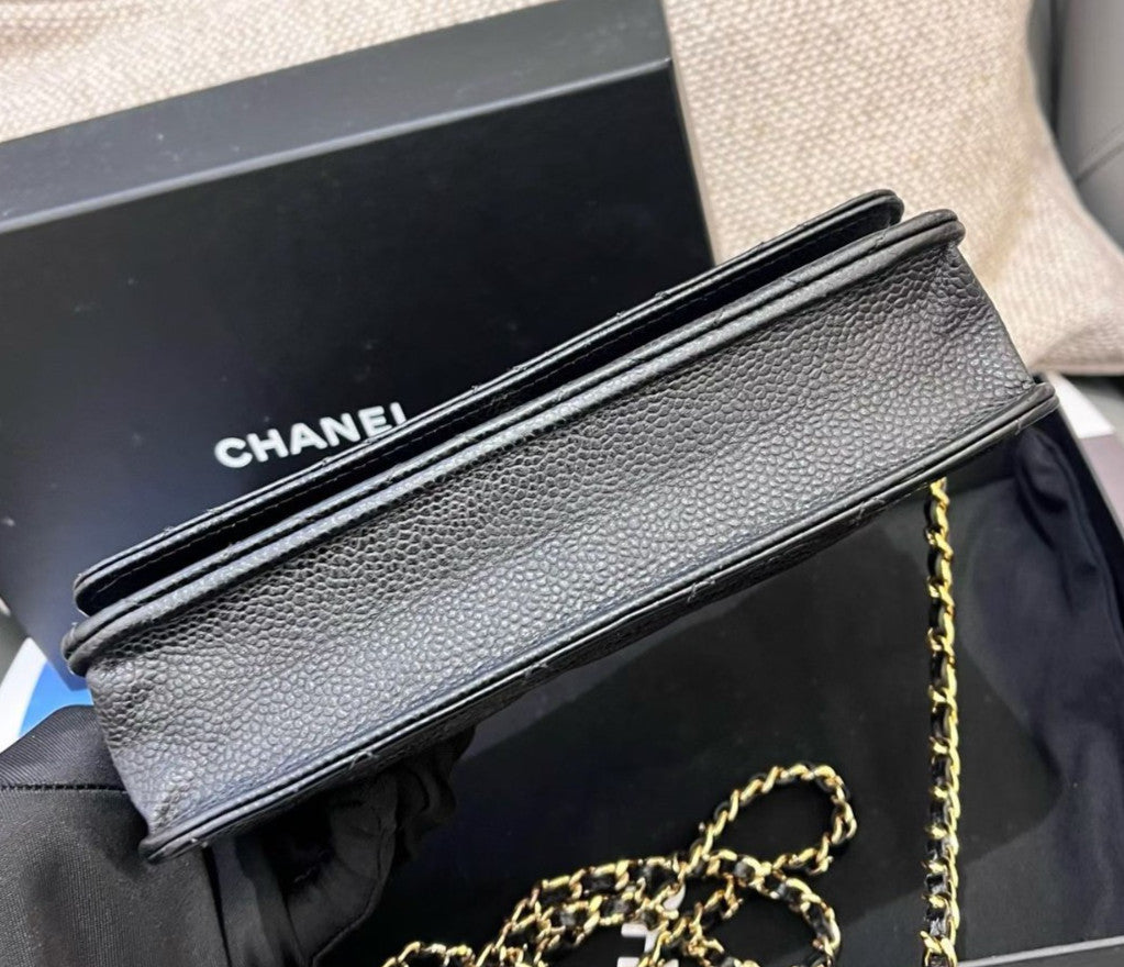 Chanel WOC Chain Crossbody Shoulder Bag Black Gold Diamond Women Classic