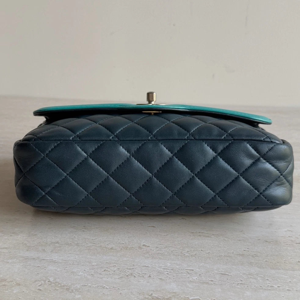 Chanel Classic Flap Lambskin Silver Chain Shoulder Bag Crossbody Navy Green