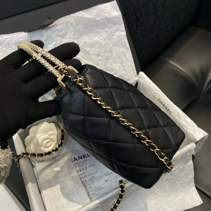 Chanel Clutch With Chain Calfskin Top Handle Crossbody Black Gold Women D