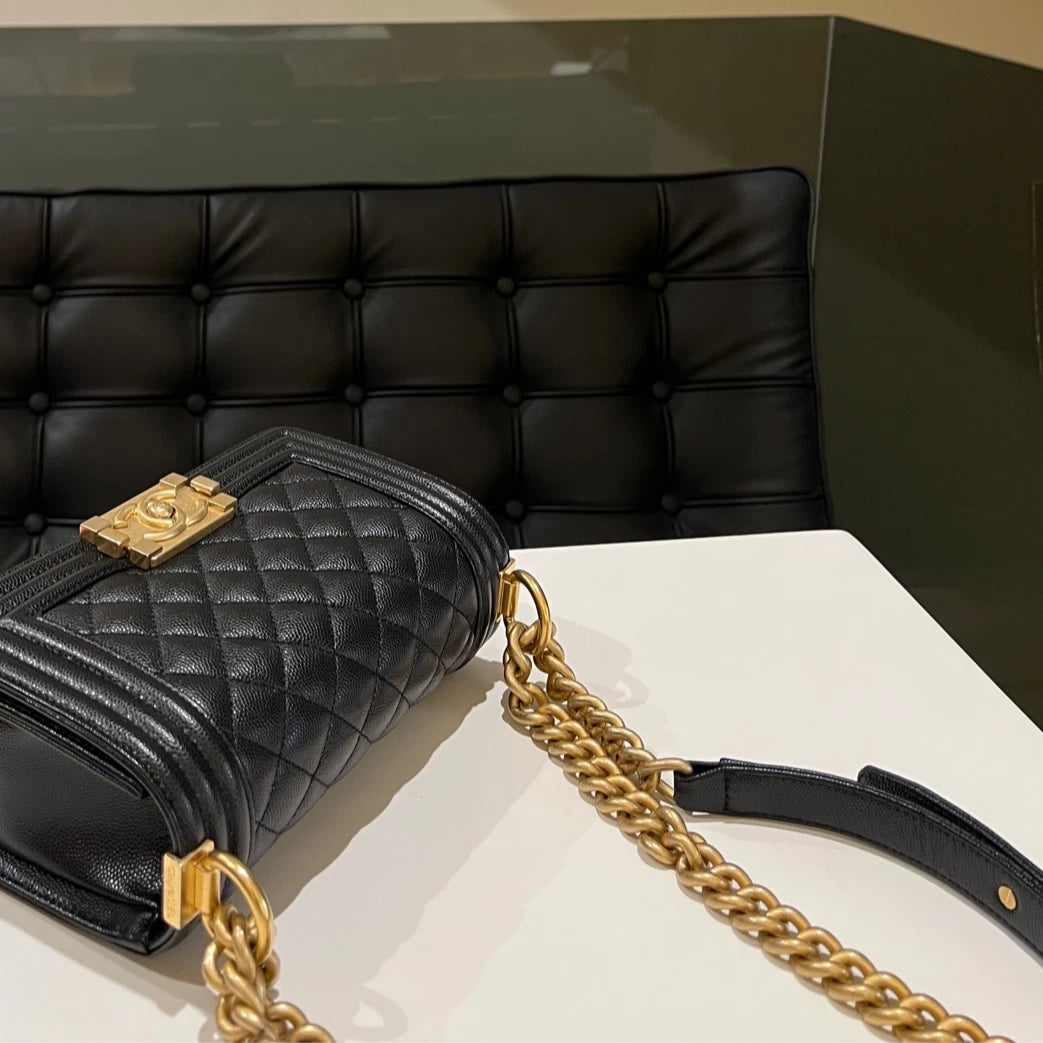 Auth Chanel Le Boy Small Black Caviar Leather Crossbody Bag