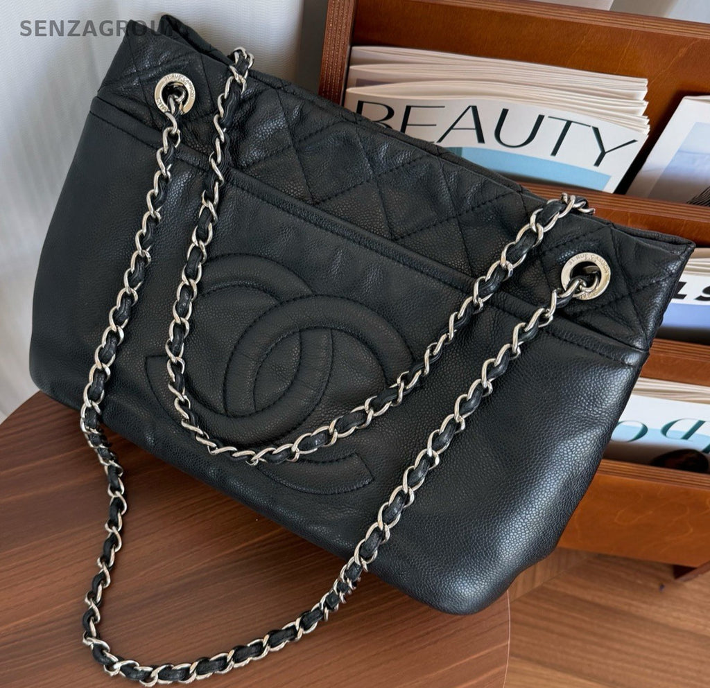 CHANEL CC Relief carving Calfskin Tote Chain Shoulder bag Black Silver Women