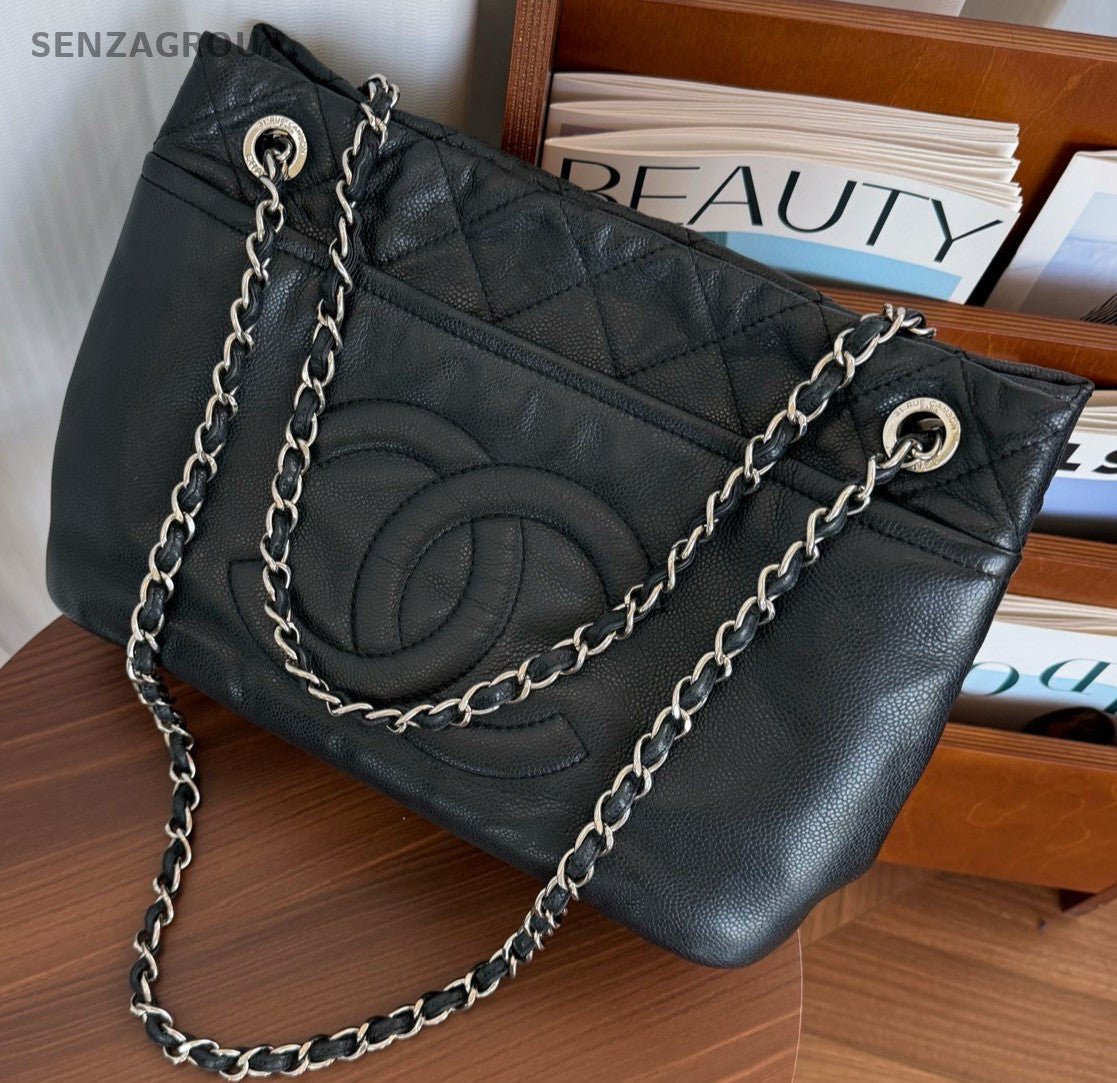 CHANEL CC Relief carving Calfskin Tote Chain Shoulder bag Black Silver Women