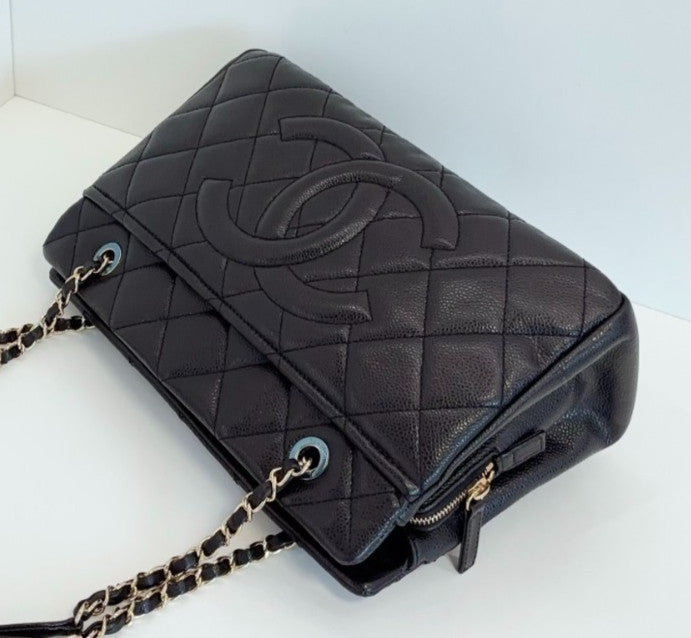 Chanel Calfskin PM Tote Chain Shoulder Bag Black Gold Women Classic Diamond