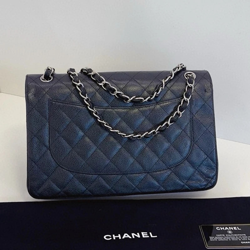 Chanel Classic Flap Jumbo Chain Shoulder Crossbody Diamond Black Silver Women
