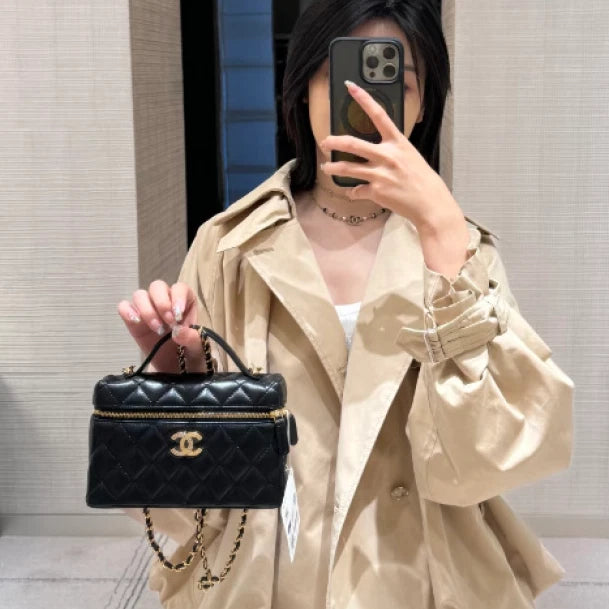 Chanel Lambskin Chain Top Handle Crossbody Bag Black Gold Hardware Women S