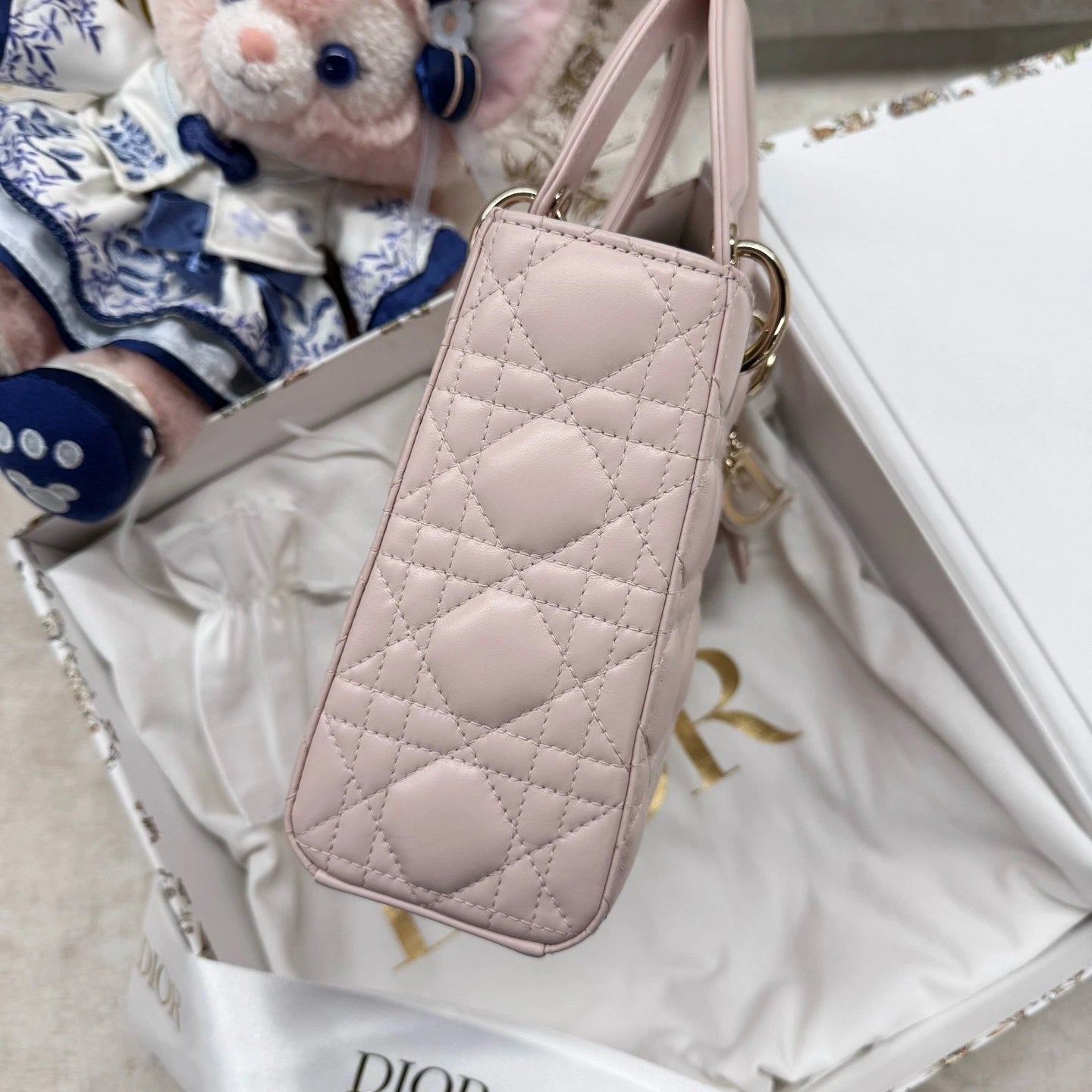 Dior Sakura Pink Lambskin Lady Dior Top Handle Bag For Women