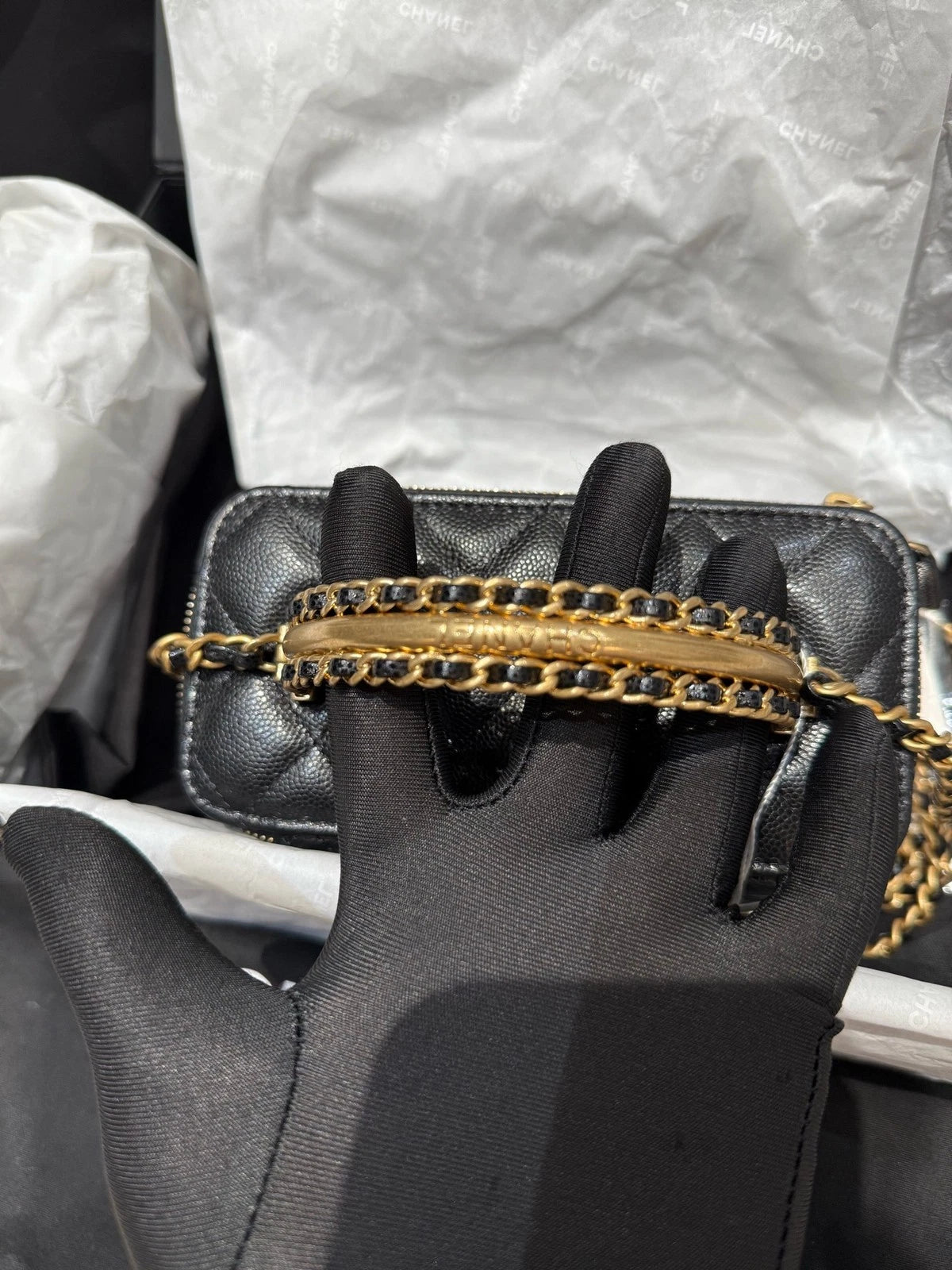 CHANEL Black Gold Caviar Calfskin Top Handle Box Bag For Women