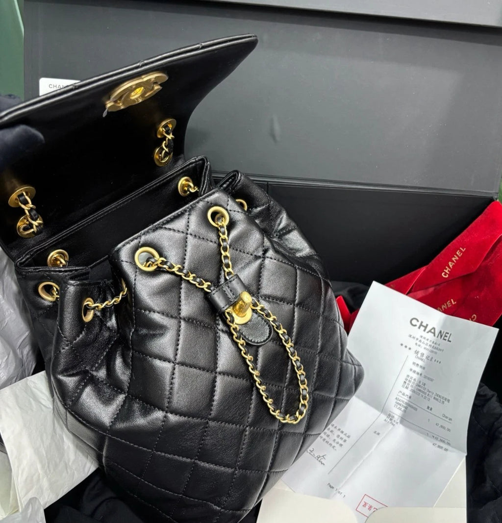 Chanel Lambskin Diamond Chain BackpackGold Hardware Black Women Fashion