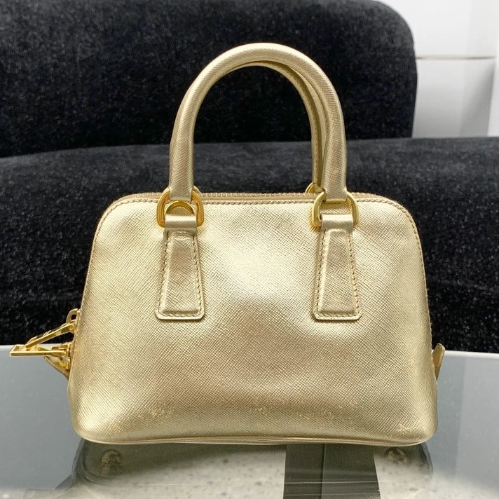Prada Promenade Mini Calfskin Top Handle Bag Crossbody Gold Women Classic S