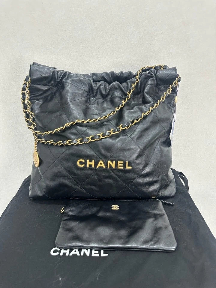 Authentic CHANEL Black Gold Medium 22Bag Tote For Women
