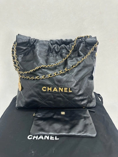 Authentic CHANEL Black Gold Medium 22Bag Tote For Women