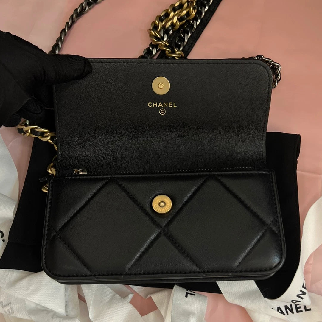 Chanel 19Bag WOC Lambskin Mini Chain Top Handle Crossbody Black Gold Women