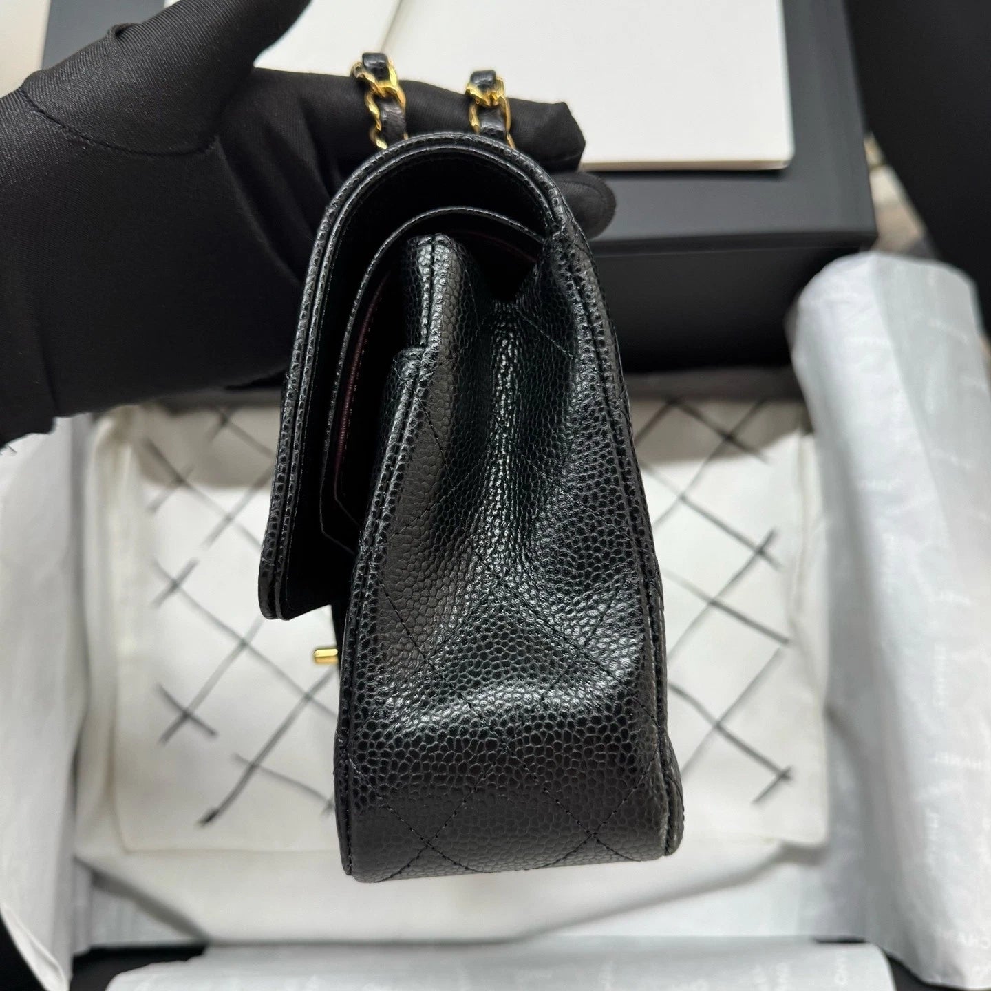 CHANEL CF Medium Black Gold Caviar Leather Shoulder Bag For Women