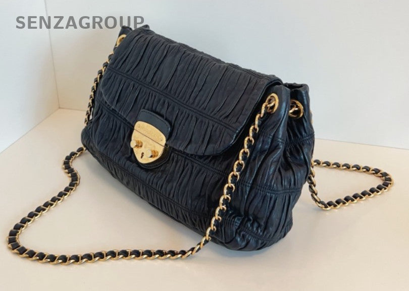 PRADA XXL Hobo Wrinkled patterns Chain Shoulder bag Black Gold Women