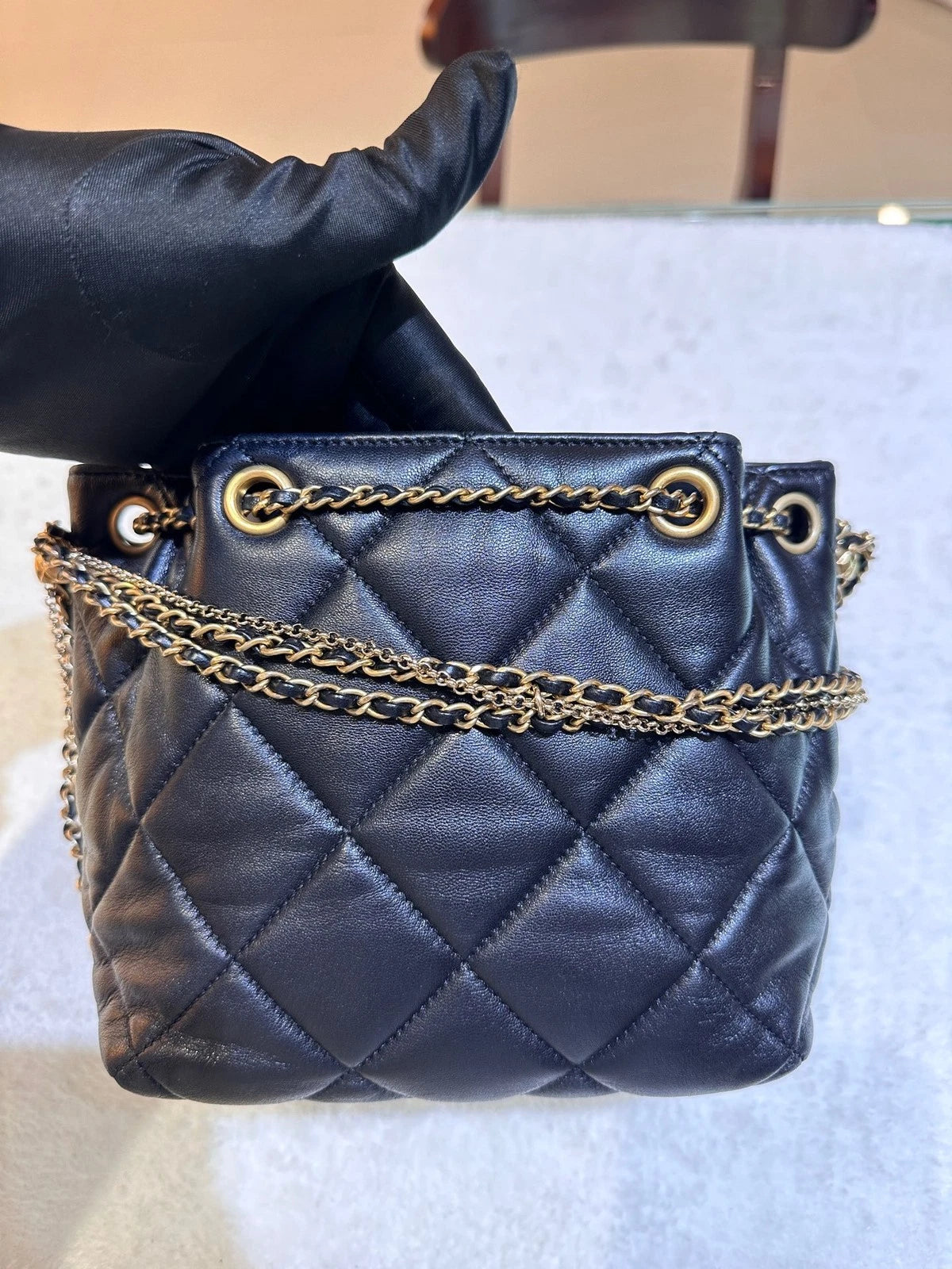 CHANEL Black Gold Leather Drawstring Bucket Bag For Women
