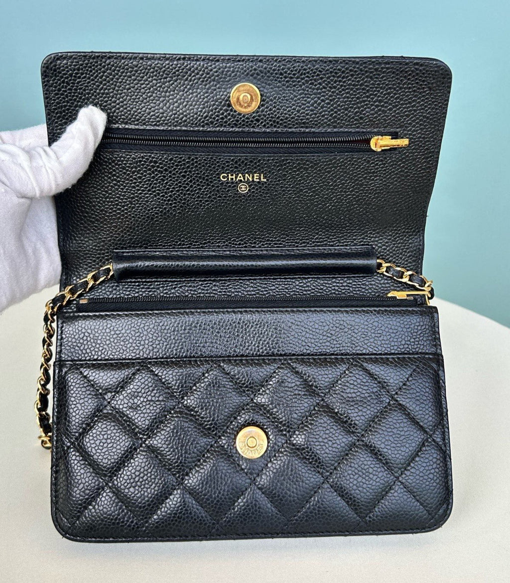 Chanel WOC Chain Calfskin Shoulder Crossbody Black Gold Women Classic Diamond