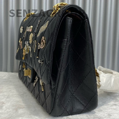 Chanel Medium Black Caviar Leather Badge Chain Shoulder Bag Classic