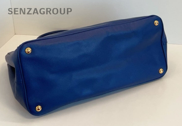 Prada Calfskin Top Handle Bag Blue Gold Used Women Classic Designer