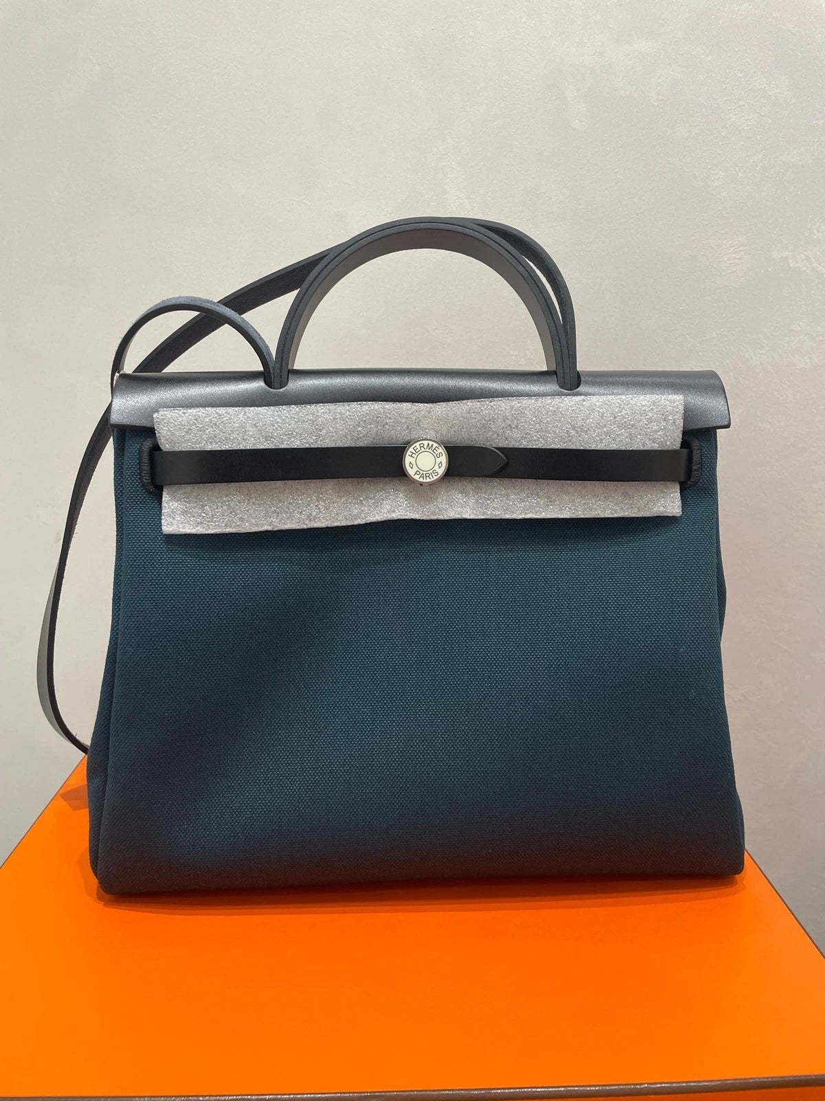 Authentic Hermes Herbag31 Canvas Tote Bag Navy Black For Women