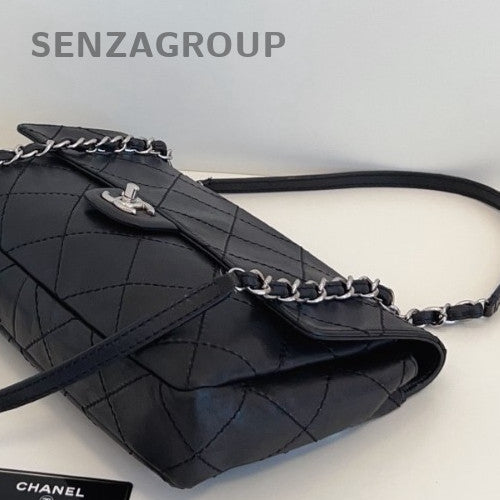 Chanel Classic Flap Chain Shoulder Bag Black Silver Women Fashion