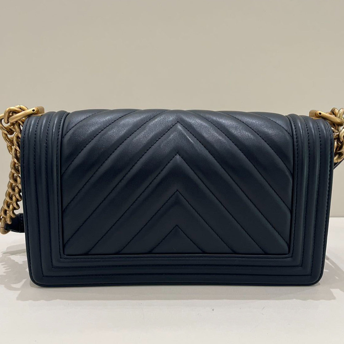 Chanel Le Boy Medium Chevron Blue Gold Chain Shoulder Crossbody Bag