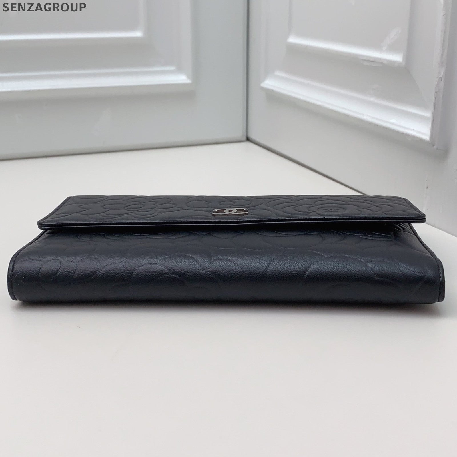 Chanel Camellia Print Black Silver Wallet Clutch Women's Classic