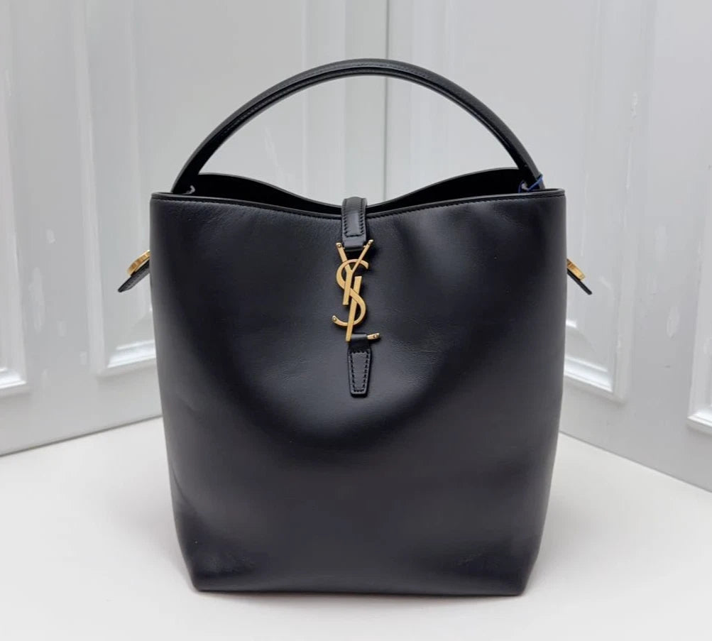 Excellent Saint Laurent LE37 Black Bucket Bag Handbag Crossbody Gold Hardware