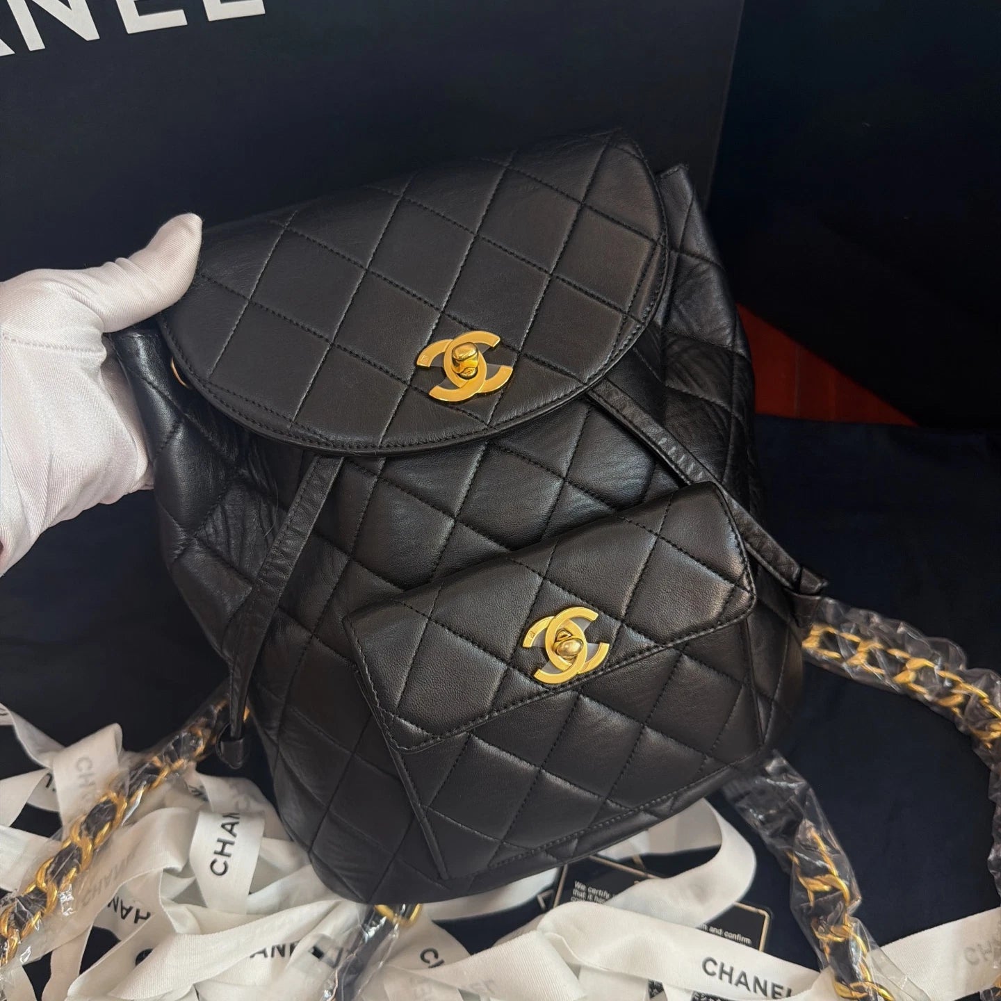 Vintage Chanel Duma Diamond Chain Black Backpack Gold Hardware
