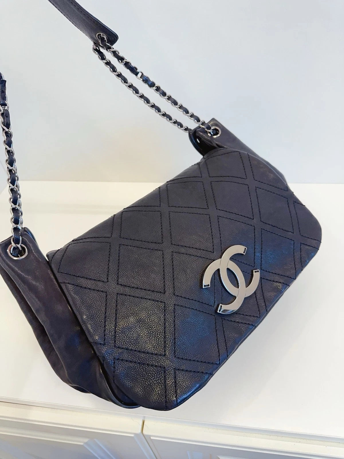 Chanel Airport Series Hobo Flap Shoulder Bag Black Silver