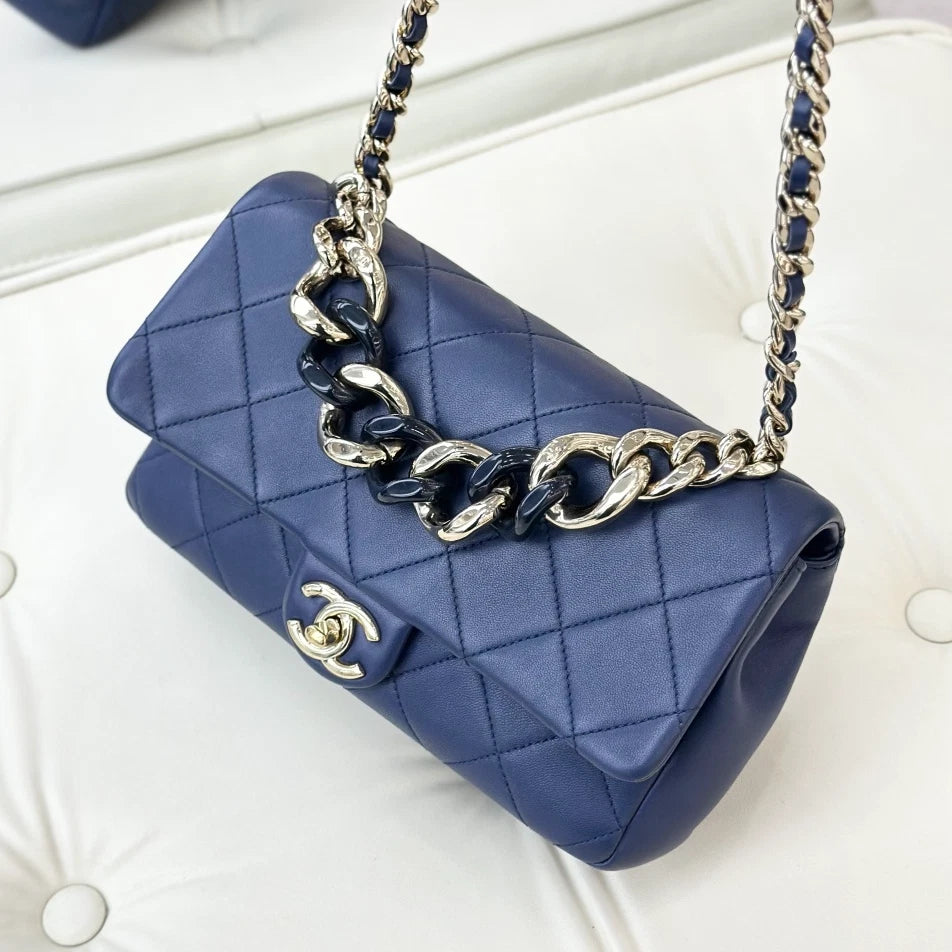Chanel Calfskin Chain 2Ways Top Handle Bag Crossbody Navy Gold Women Classic S
