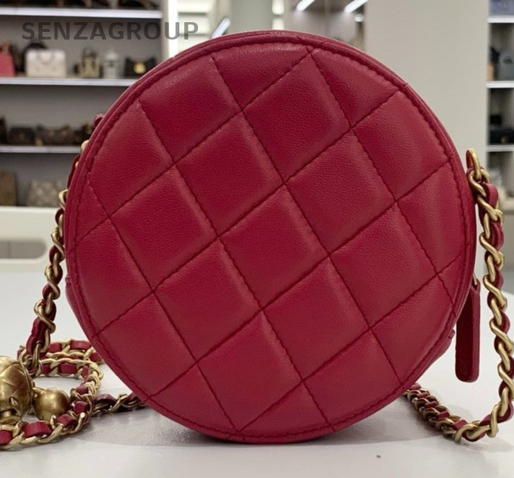 Chanel Diamond Mini Lambskin Chain Shoulder Bag Crossbody Red Gold Women Classic