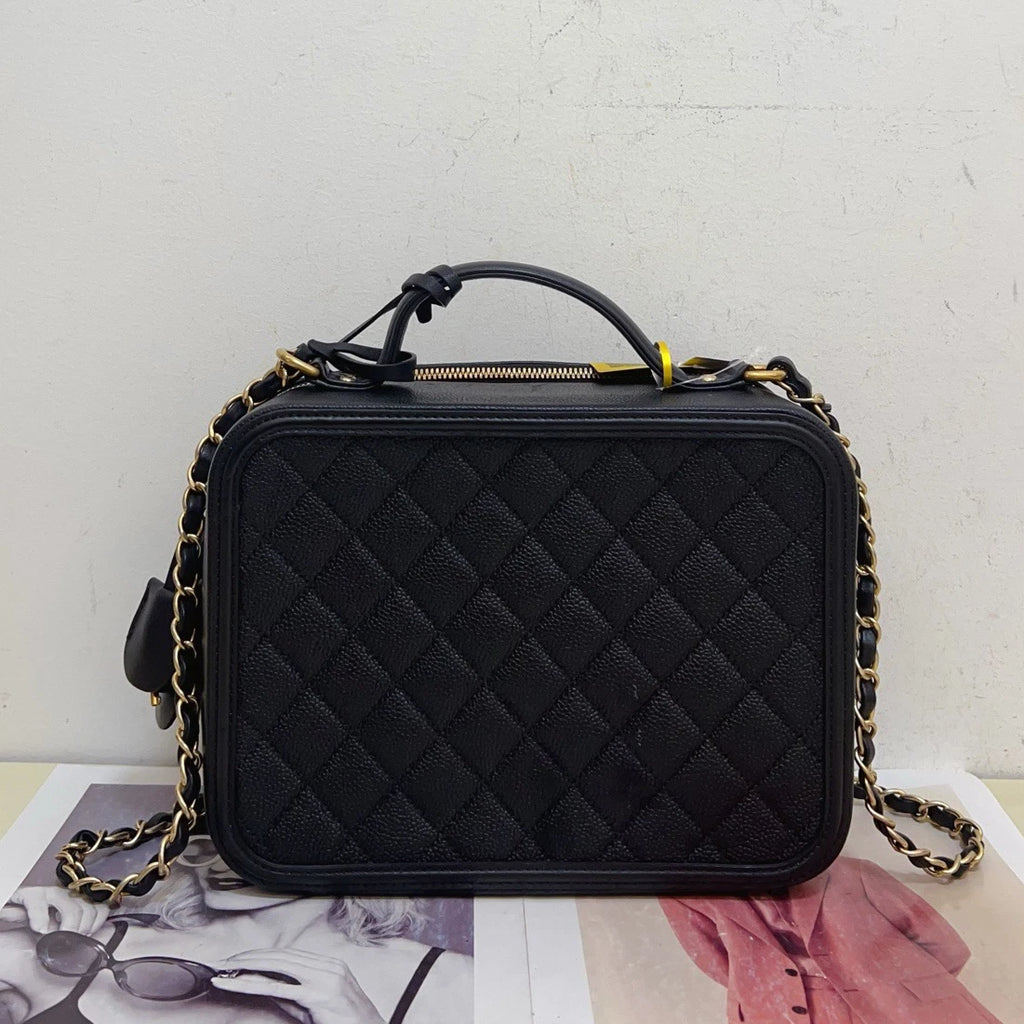 Chanel Calfskin Diamond Camera Bag Chain Crossbody Top Handle Bag Black